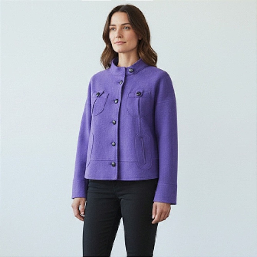 Armani Collezioni Purple Wool Jacket Button Front High Neck Made in Italy Size 2